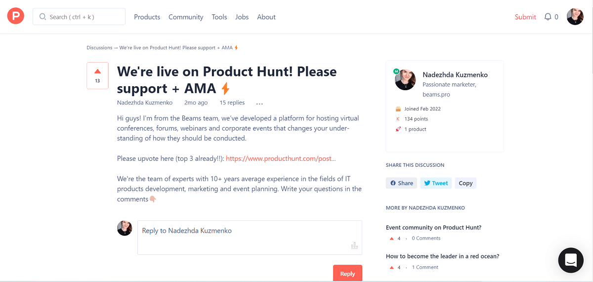 Как попасть в топ-3 продуктов дня на Product Hunt: опыт компании Beams